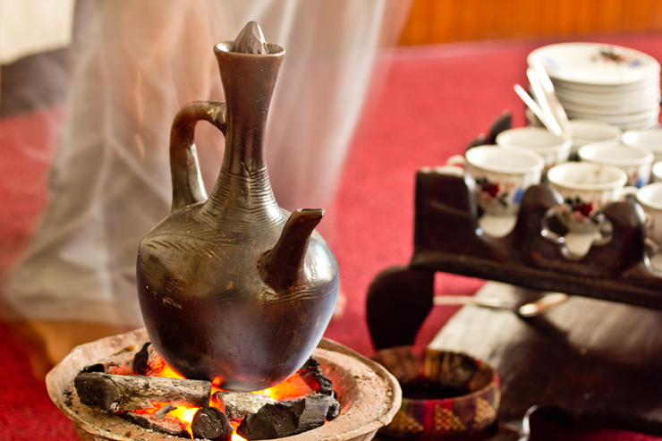 Ethiopian Coffee the traditional way using coal with a Jebena