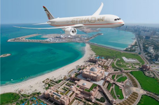 Etihad Airways plane above Abu Dhabi city