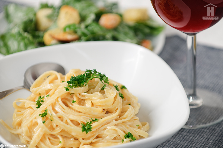 Italian Fettuccini Alfredo with Ceasar Salad and wine