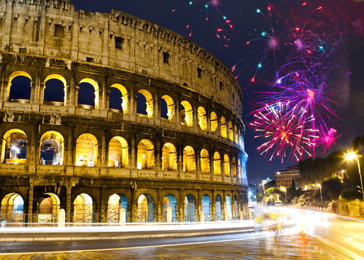 fireworks over Collosseo. Italy. Rome