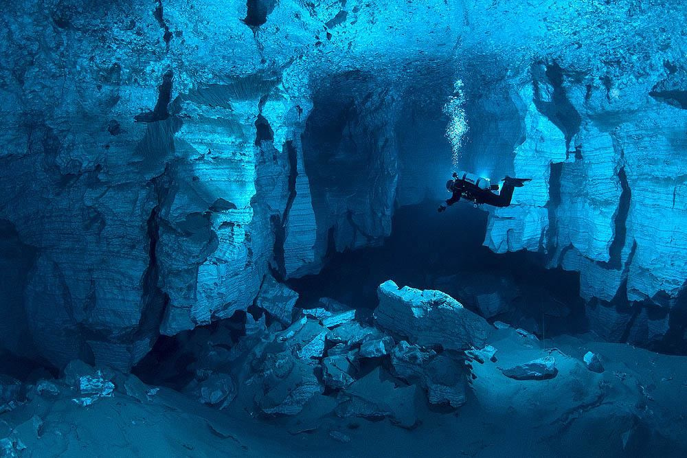 Diver inside Orda Cave Russia