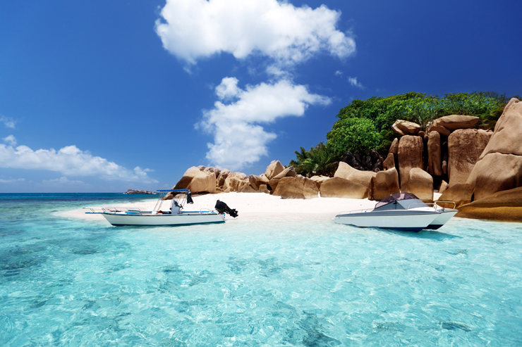 speed boat on the beach of Coco Island, Seychelles